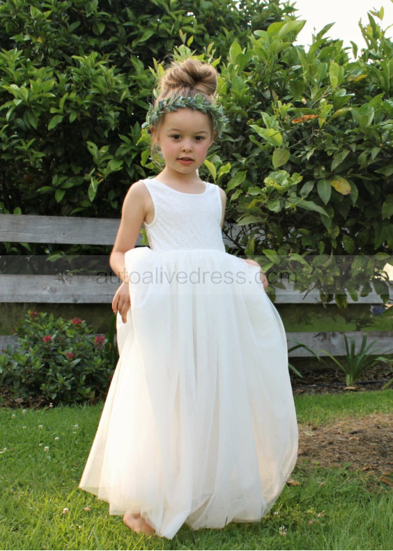 Ivory Lace Tulle Sheer Back Flower Girl Dress